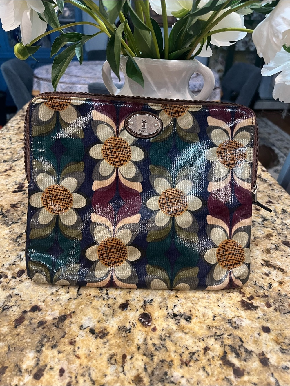 Fossil Cream and Brown Pebbled Floral Print Key-Per Pouch